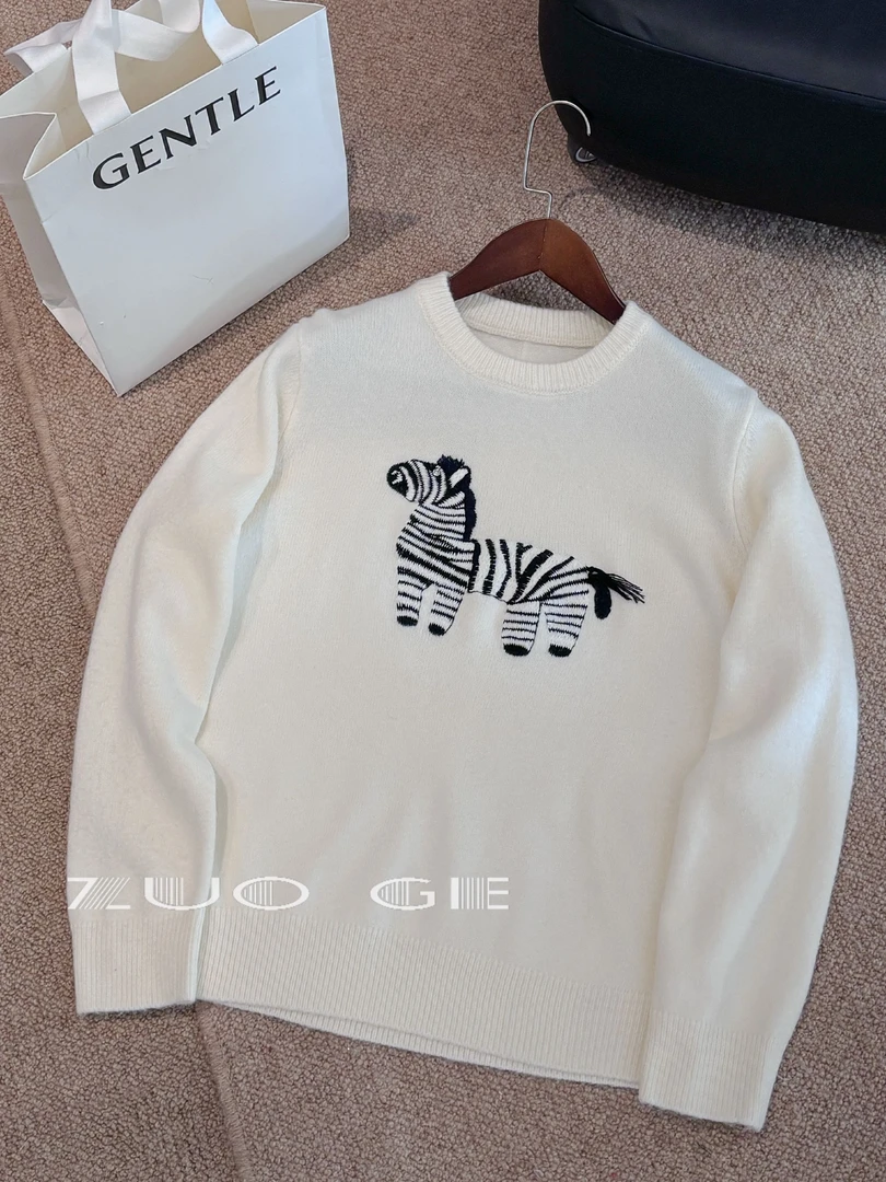 【不可机洗·绵羊毛混纺】小马提花简约绵羊毛针织衫毛衣上衣S