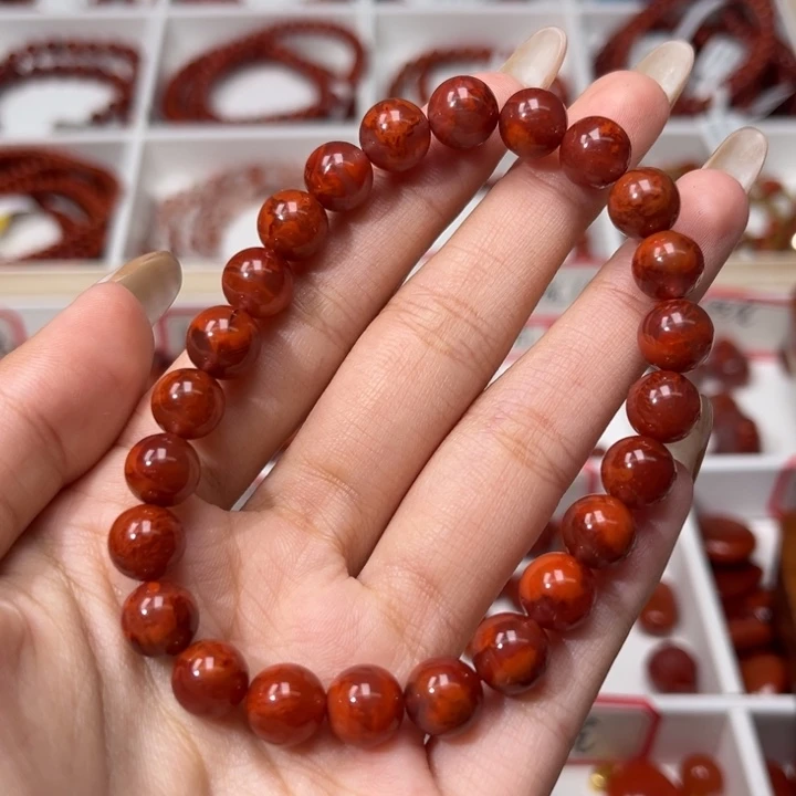 南红玛瑙未镶嵌手链玫红火焰8.5+mm圆珠手串