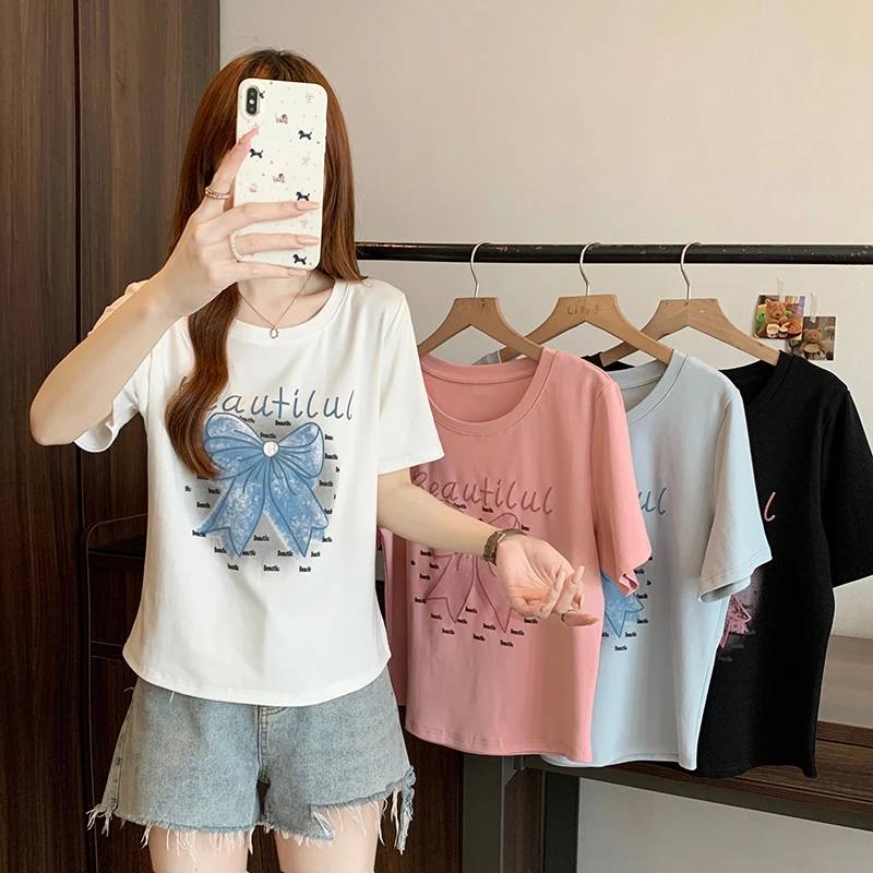 2025夏装新款胖mm大码女时尚印花蝴蝶结宽松显瘦短袖T恤33807
