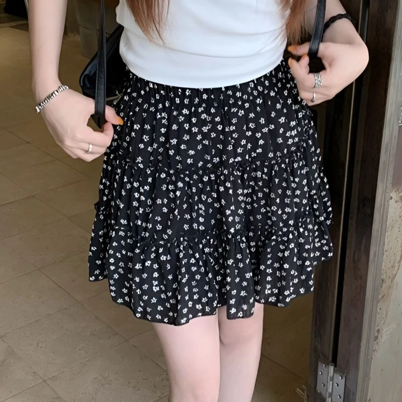 黑色雪纺碎花高腰a字半身裙子女夏季新款蓬蓬裙小个子蛋糕裙短裙