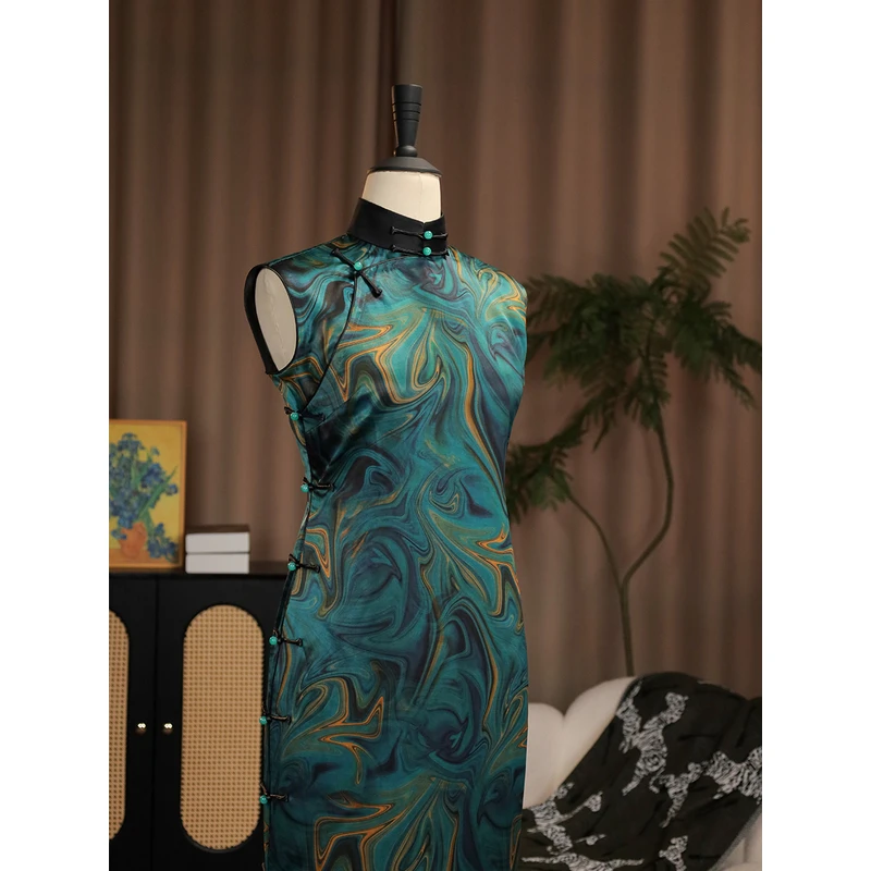 女神姑娘【追风】40姆米重缎香云纱无袖有省开襟旗袍QM250203-133