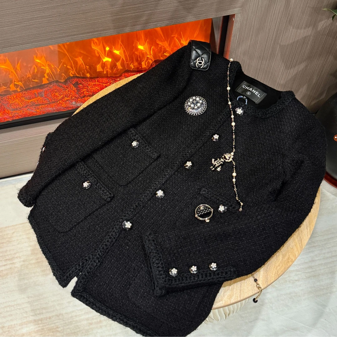99新 Chanel/香奈儿 23K黑色圆领四口袋粗花呢外套34码