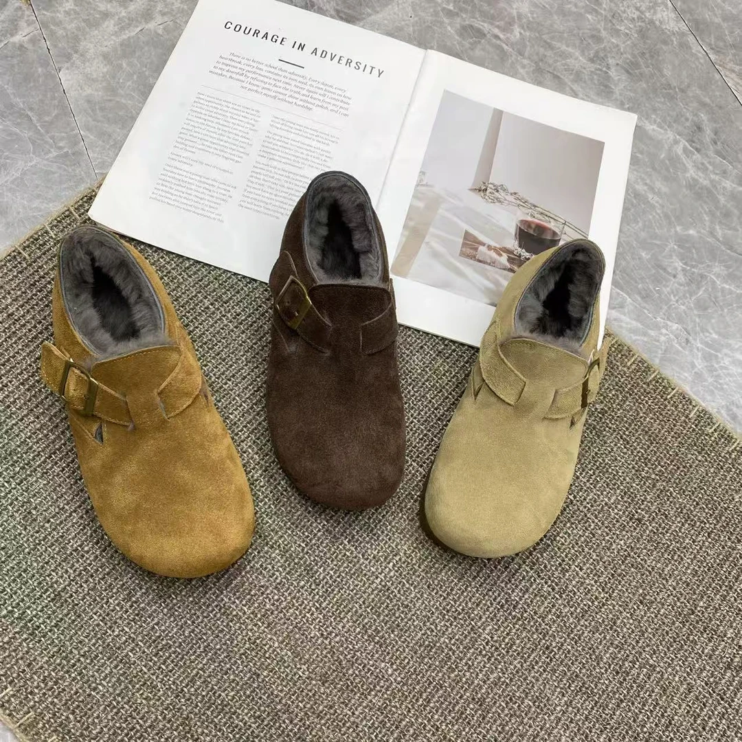 新款真皮休闲风皮带扣时尚保暖羊皮毛一体磨砂牛皮勃肯鞋女鞋