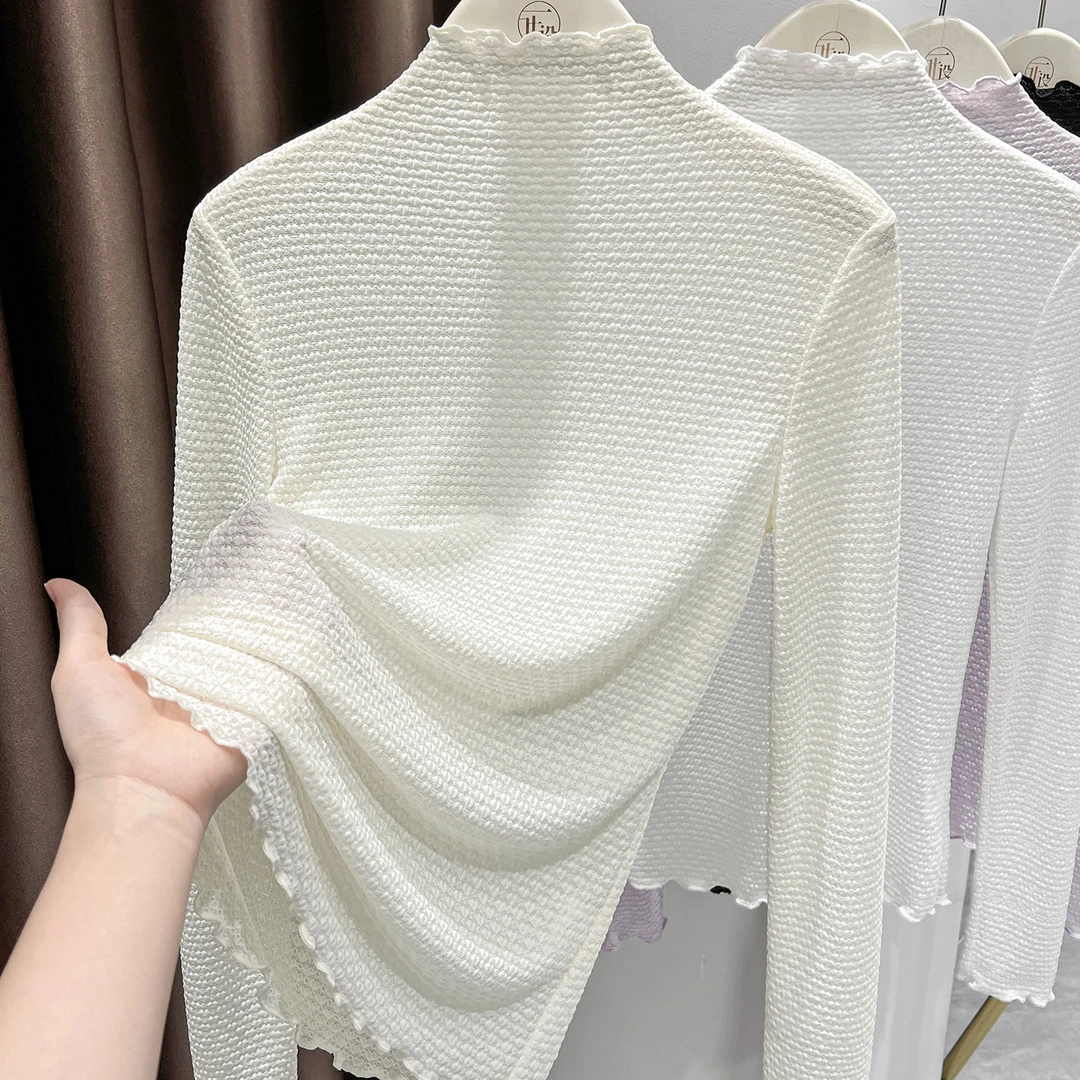 韩版气质泡泡爱心蕾丝衫上衣秋冬新款温柔半高领套头长袖打底衫女