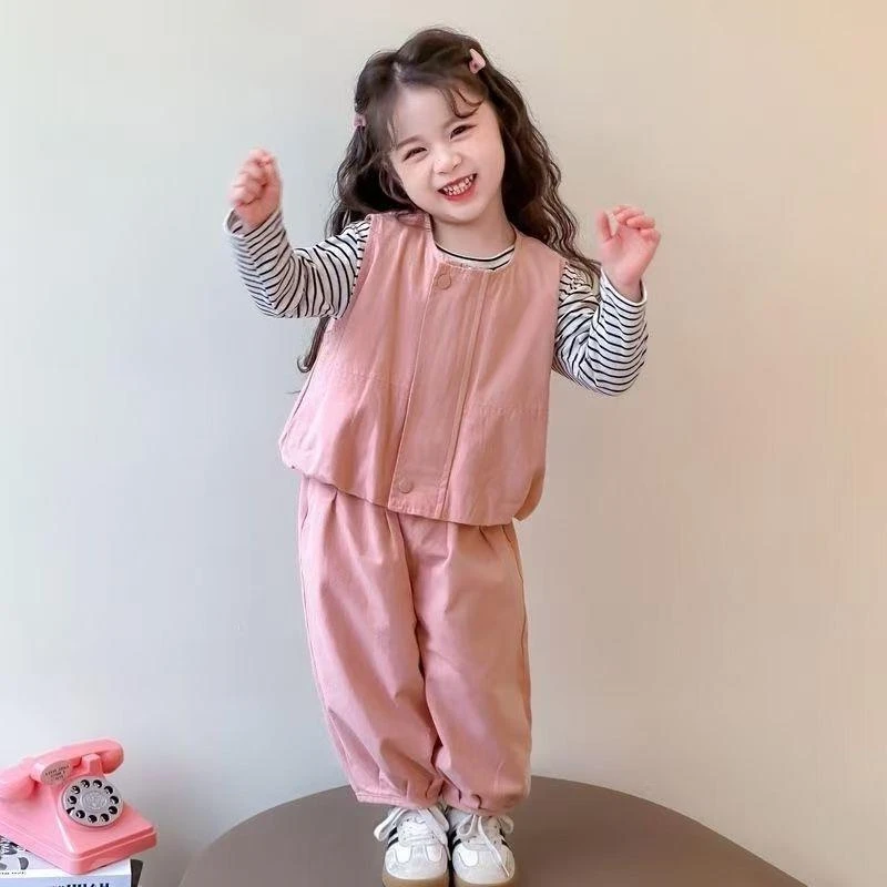春秋季女童洋派时髦衣服森系多巴胺儿童宝宝秋装打底马甲裤子套装