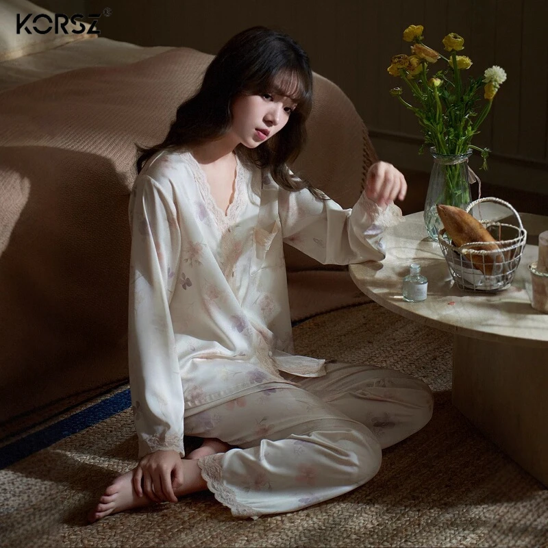 真丝睡衣女春秋季薄款丝绸长袖新中式国风蕾丝气质春夏家居服套装