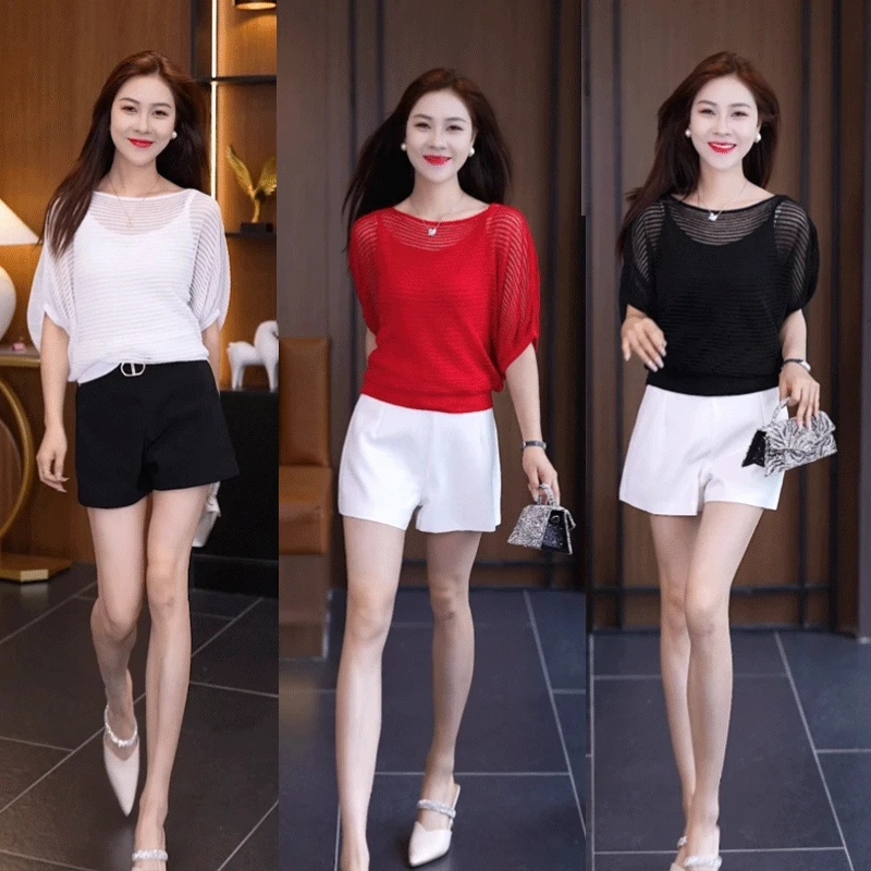 2025新款夏季冰丝套头时尚镂空纯色短袖针织衫蕾丝显瘦洋气小衫