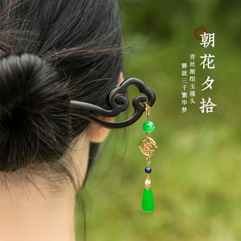 新中式水滴檀木发簪日常简约高级感通勤发饰