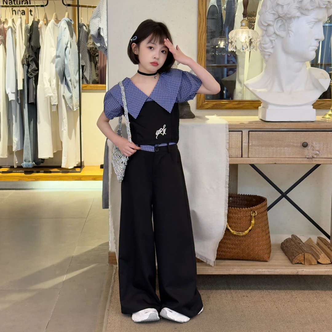 女童V领一字肩大翻领格子套装夏款2025新款甜酷夏季短袖两件套潮