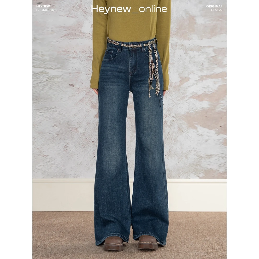 【HEYNEW黑妞】简约直筒微喇牛仔裤女秋复古高腰显瘦长裤L250820HN