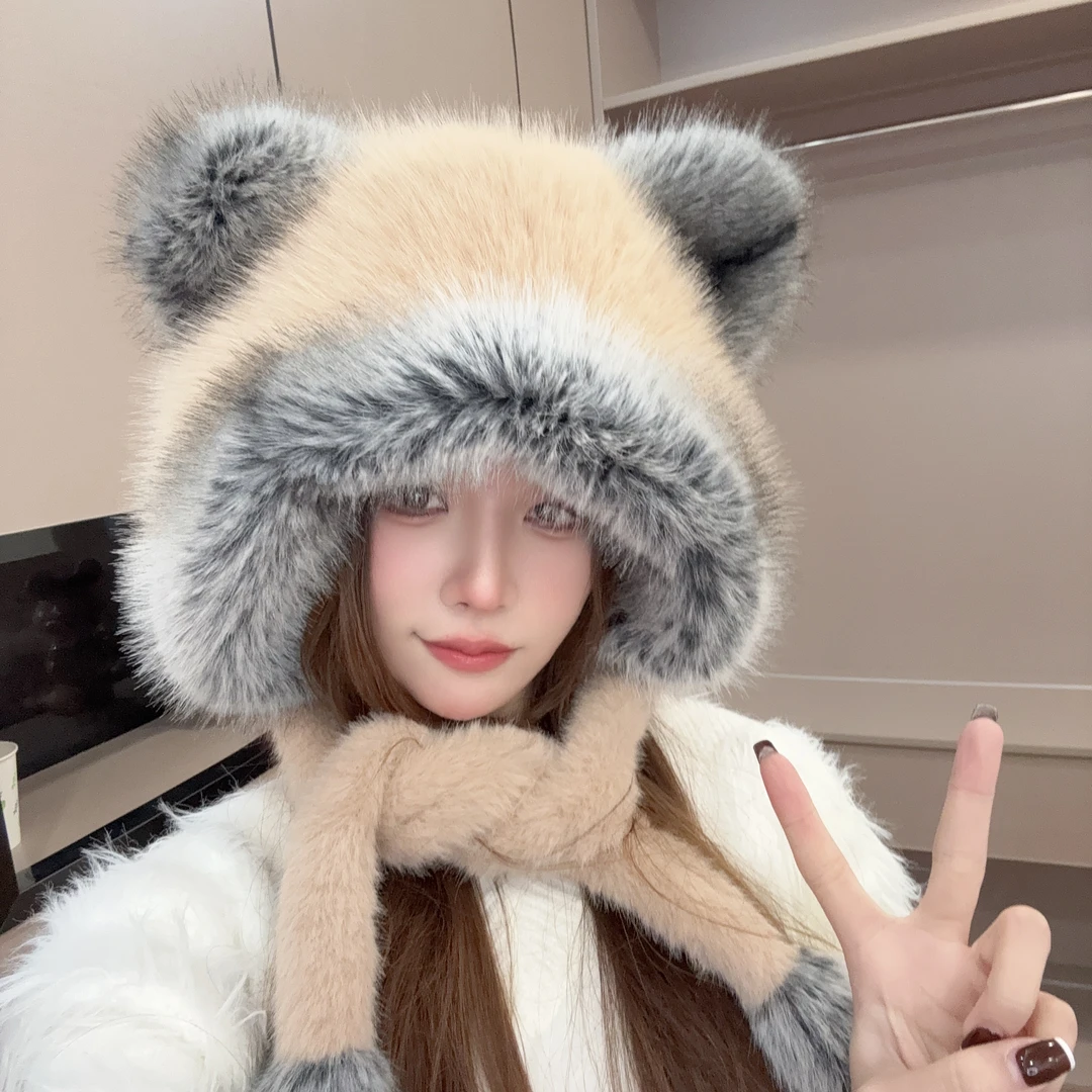 冬季氛围感小熊耳朵毛绒帽加厚护耳显脸小保暖雷锋帽女骑车防风帽