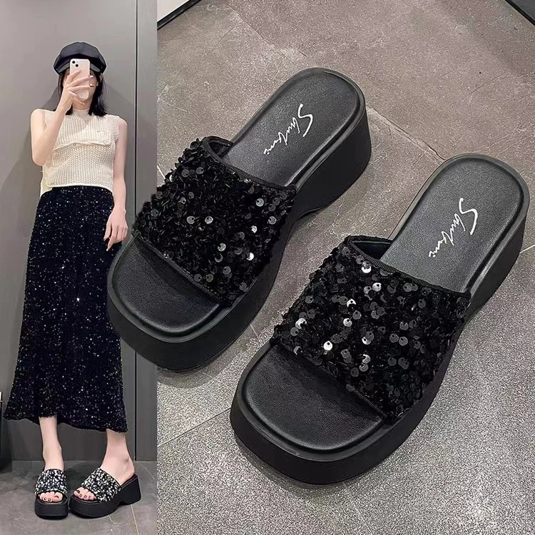 厚底凉鞋女休闲春秋防滑外穿凉拖亮片松糕底女士一字拖鞋时尚百搭