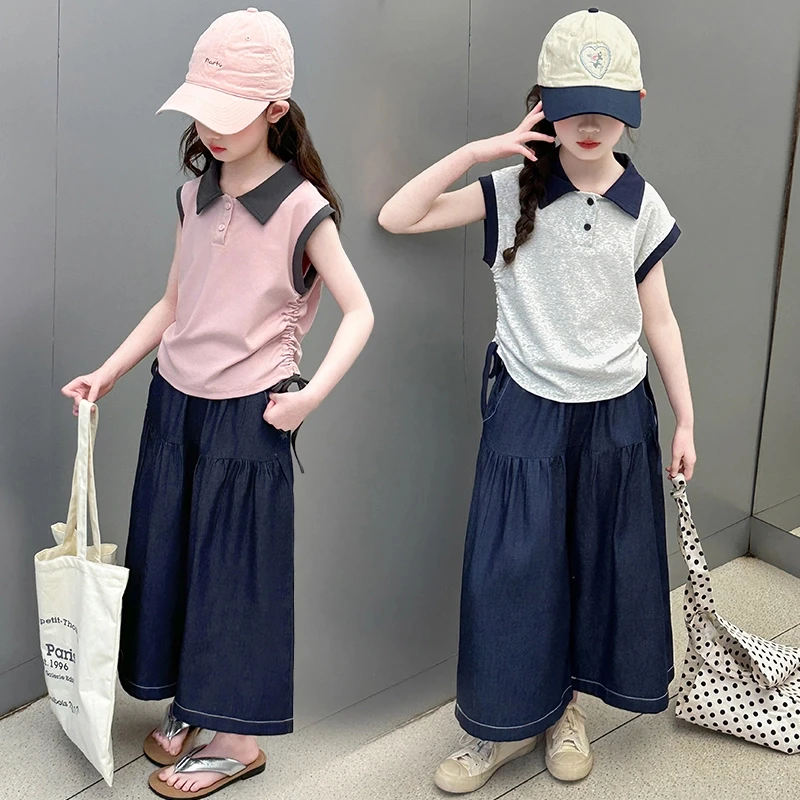夏季女童时尚无袖polo衫套装2025新款中大童洋气休闲薄款牛仔裙裤
