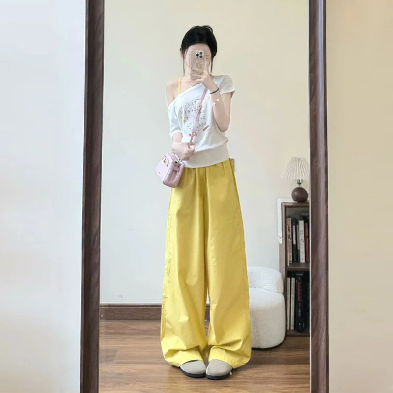 夏季新款穿搭斜肩短袖t恤女甜美可爱风休闲设计显瘦休闲裤两件套