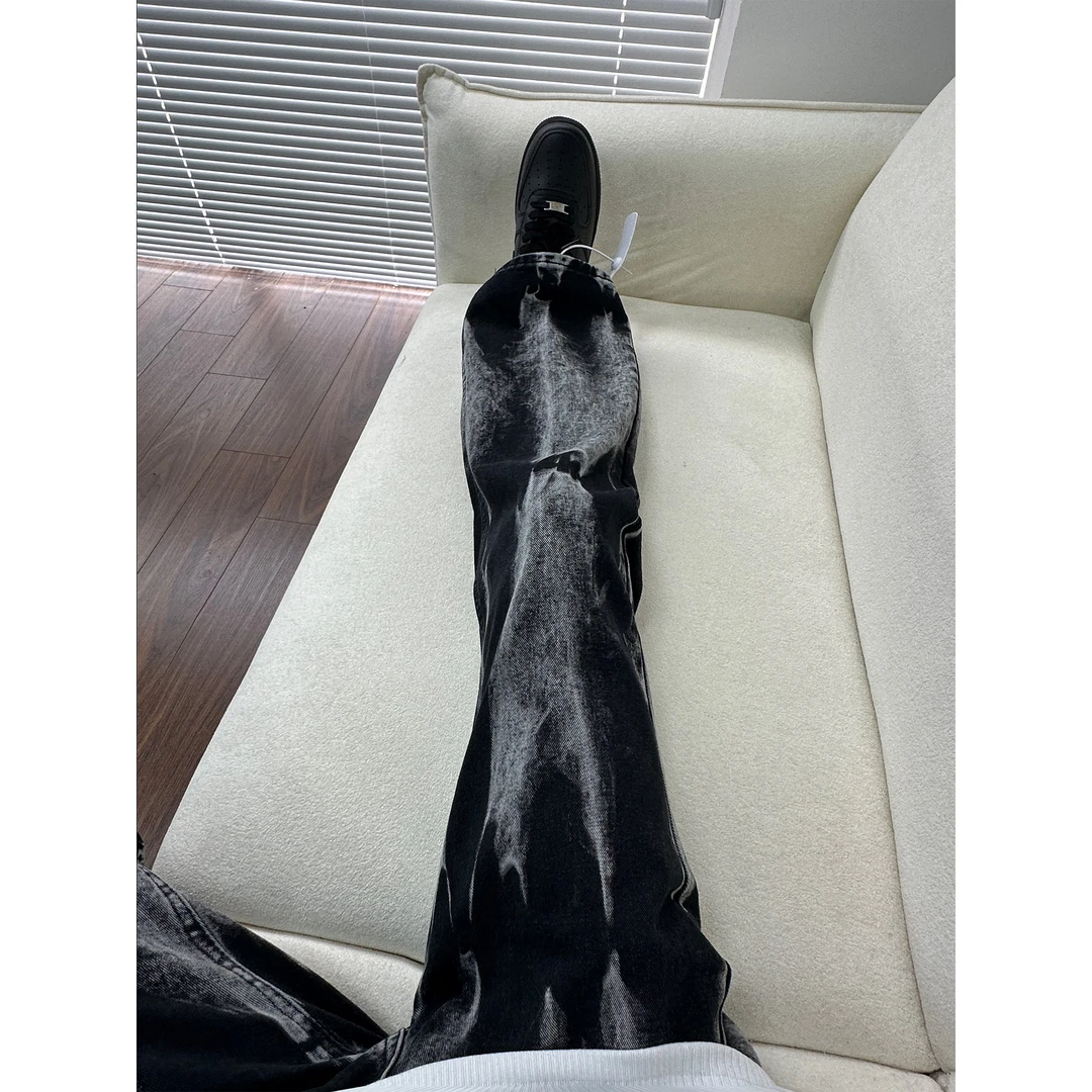 美式复古扎染牛仔裤男夏季薄款潮牌痞帅高街裤子设计感直筒微喇裤