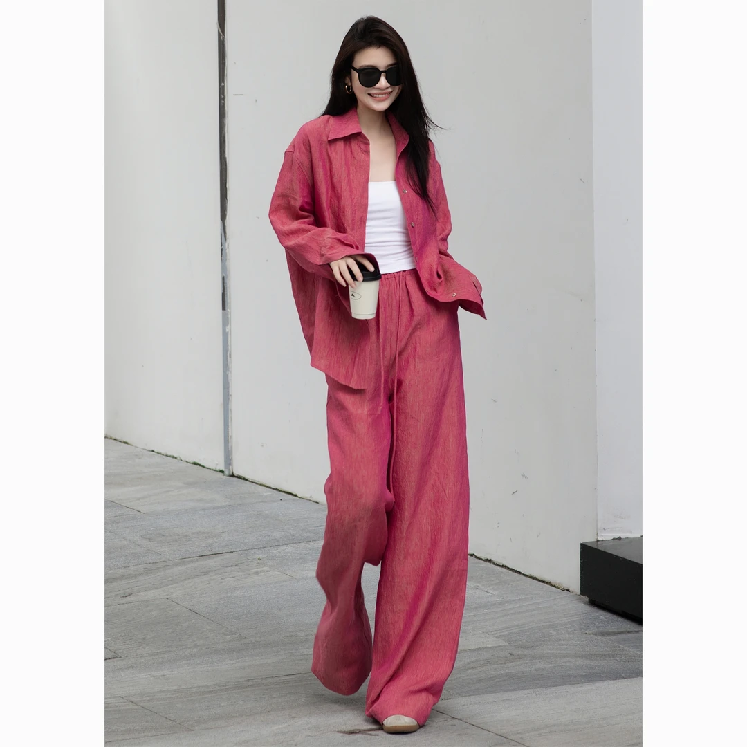 ZEROYK时尚套装设计感老钱慵懒风100分亚麻宽松衬衣松紧裤两件套