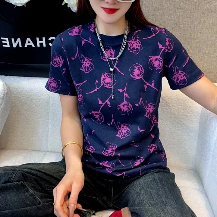 2025新款短袖T恤女烧花双色面料夏季洋气修身显瘦上衣207#