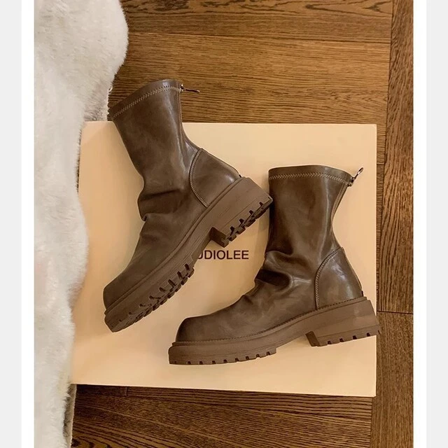 葡萄妈同款 时髦粗跟厚底瘦瘦靴圆头褶皱后拉链堆堆短靴女真皮