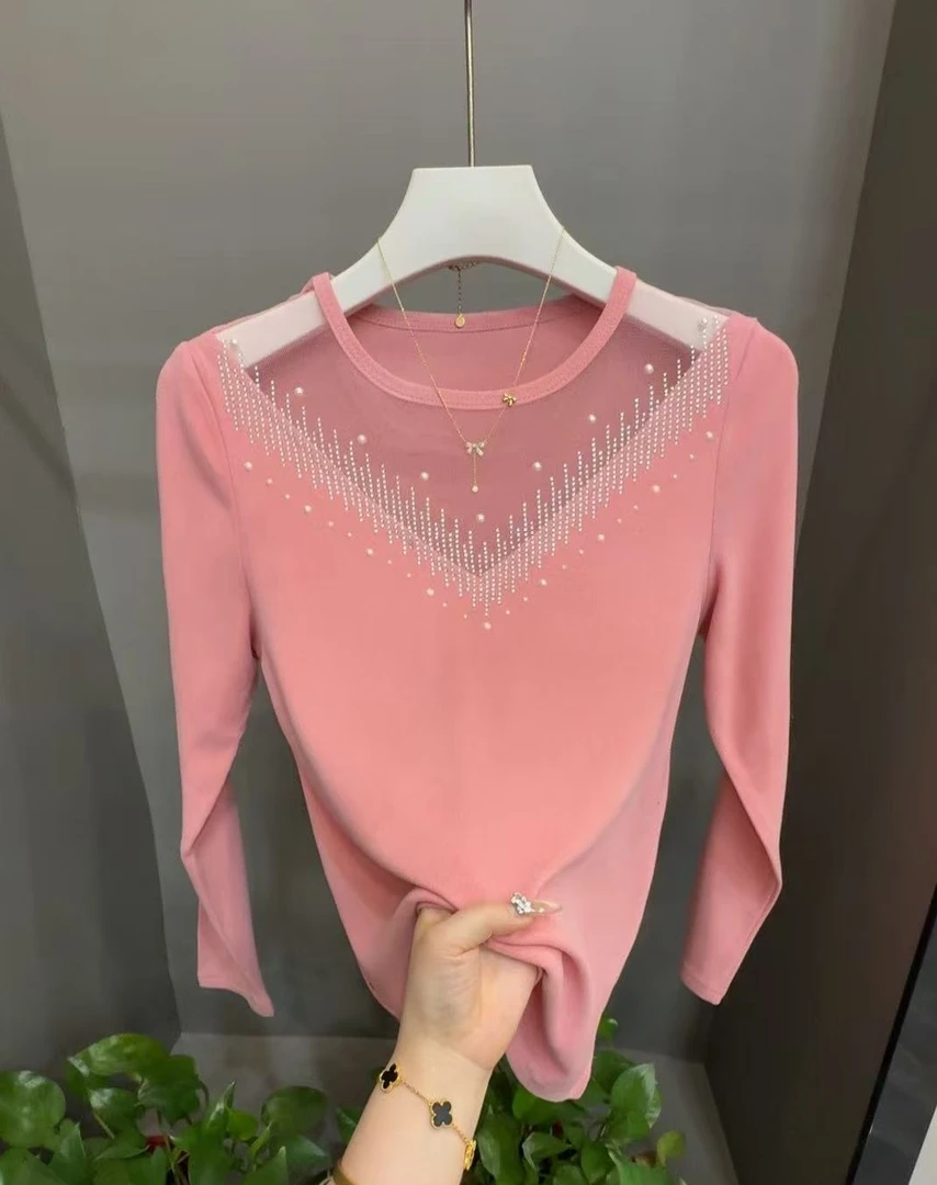 2025春季大码显瘦遮肉粘钻磨毛镂空设计感蕾丝T恤828