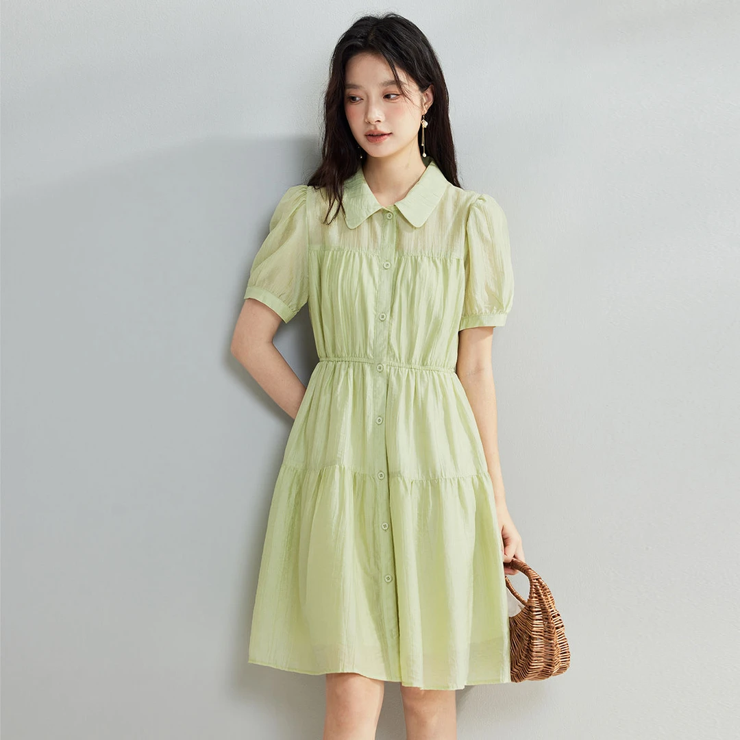 茵曼夏季小清新绿色茶歇裙法式衬衫连衣裙女休闲百搭翻领短袖裙子
