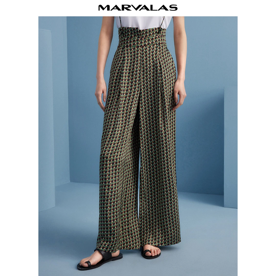 【商场同款】曼德诗M102301082显瘦碎花高腰直筒夏季印花休闲裤