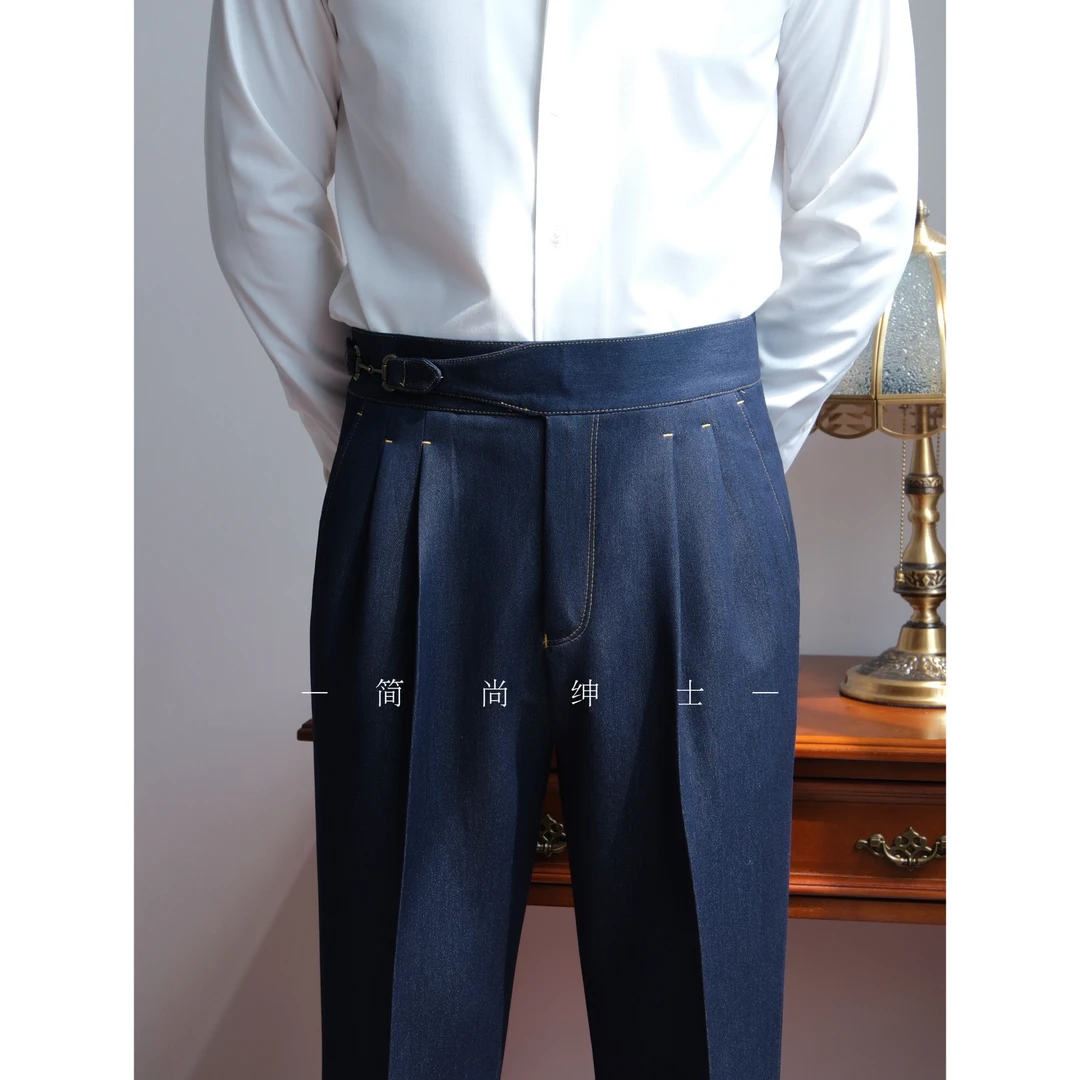 早秋新款复古绅士仿牛仔藏青色高腰休闲西裤955