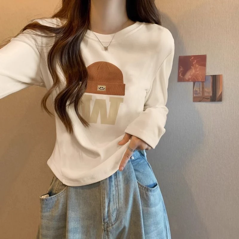 纯棉打底衫女春秋2025新款修身显瘦内搭长袖T恤薄款短款上衣