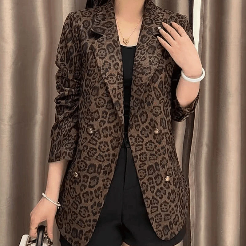 高级感豹纹小西服女2025春季新款复古街头宽松韩版百搭西装外套潮