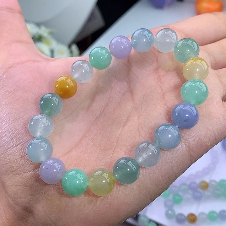 翡翠未镶嵌手链冰飘花多宝手串