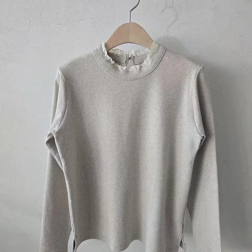 彦竹韩国正品圆领蕾丝常规女款简约T恤上衣长袖灰色