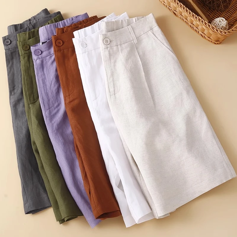 外贸原单品牌女装清仓日系棉麻短裤阔腿裤亚麻中裤百搭直筒五分裤