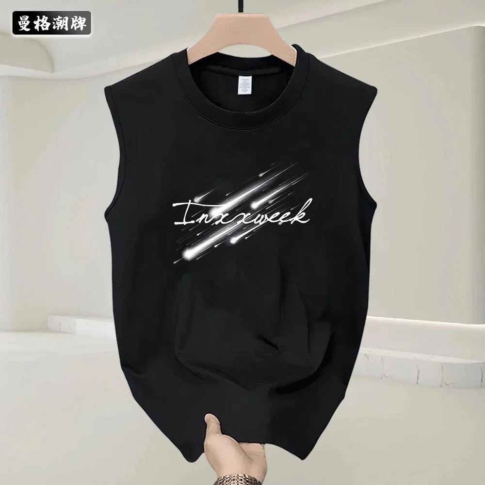 夏季国潮流设计感流星印花男女情侣款圆领纯棉无袖坎肩背心百搭