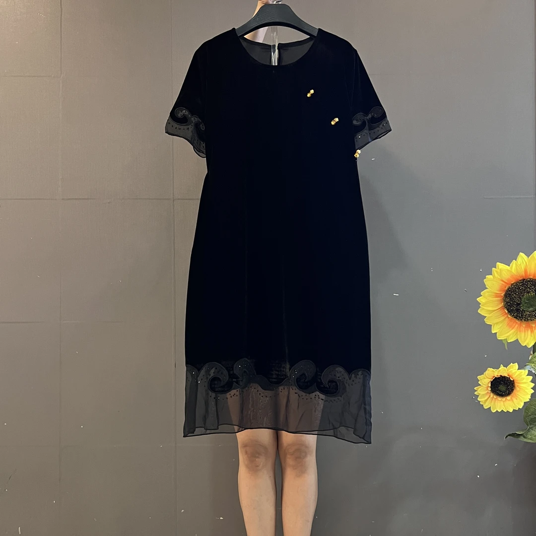 新中式国风圆领拼接气质显瘦宽松遮肉丝绒连衣裙