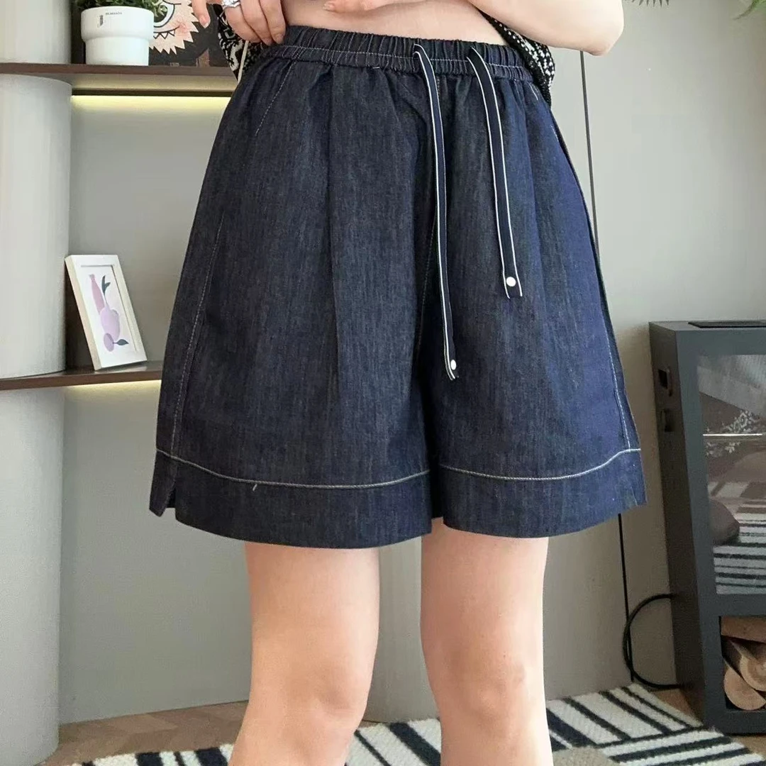 夏季白边抽绳松紧腰休闲牛仔裤短裤5-5-30