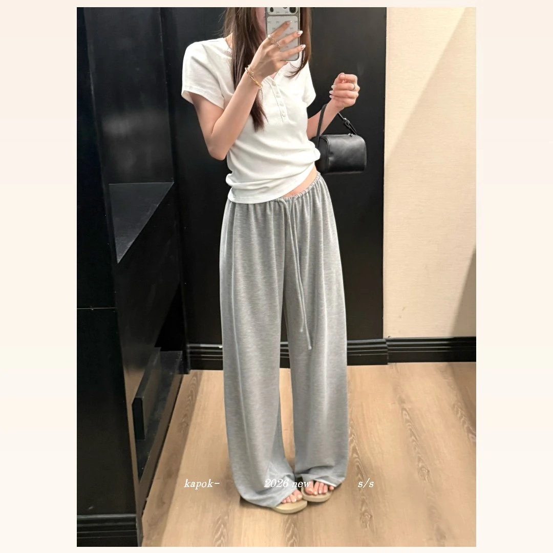 美树【KAPOK】26369 简约纯色抽绳宽松垂感阔腿裤休闲裤
