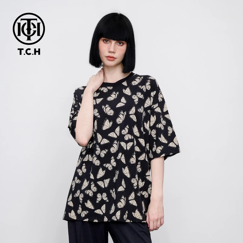 TCH 烫钻蝴蝶时尚圆领休闲百搭街头短袖T恤男女同款2025夏季新款