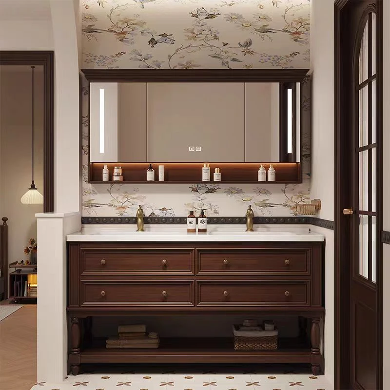 美式洗脸盆橡木实木浴室柜组合陶瓷一体盆岩板双盆烤漆洗漱台组合