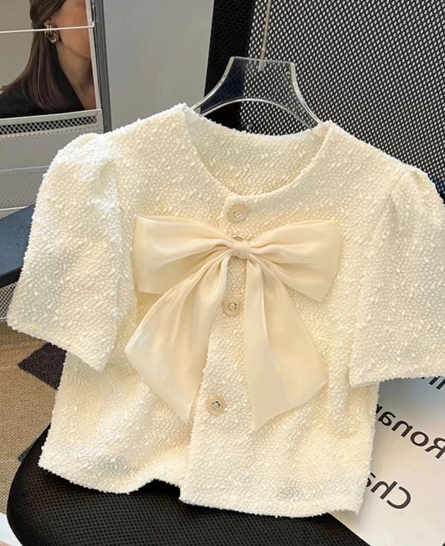 洋气圆领泡泡袖夏季短袖荷叶边小众甜美长袖短款上衣雪纺衫（微瑕）