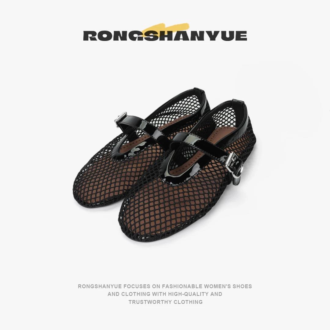 Rongshanyue镂空透气平底玛丽珍芭蕾鞋法式复古风渔网鞋女B1315
