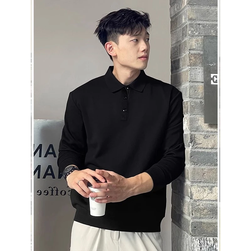 黑色Polo领长袖T恤男款成熟稳重男装打底杉上衣潮牌休闲翻领卫衣