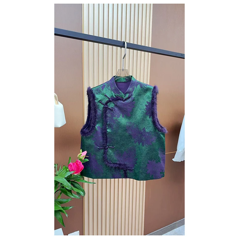 【紫烟沁绿】提花常规立领无袖厚款常规款上衣中国风双层时尚