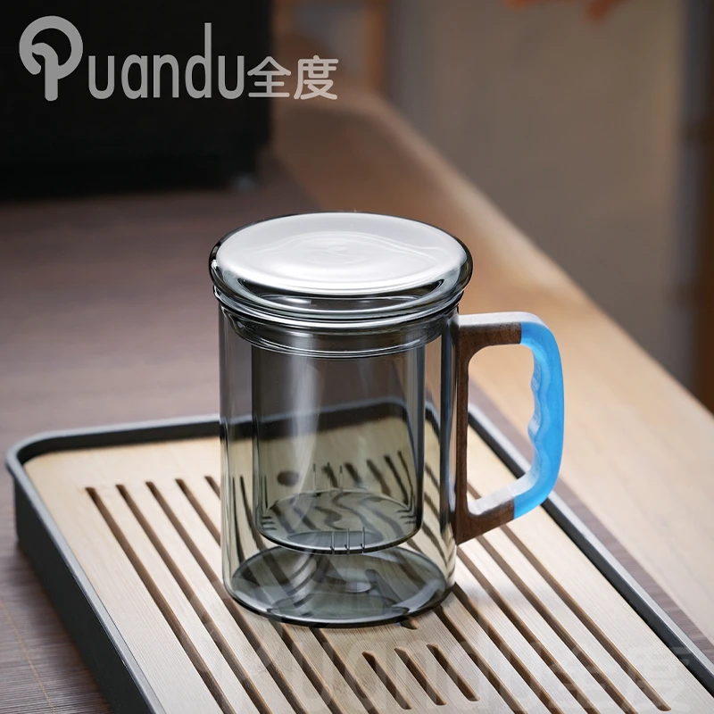 全度玻璃杯花茶杯带盖滤茶杯沏茶杯透明泡茶杯内胆过滤办公杯带把