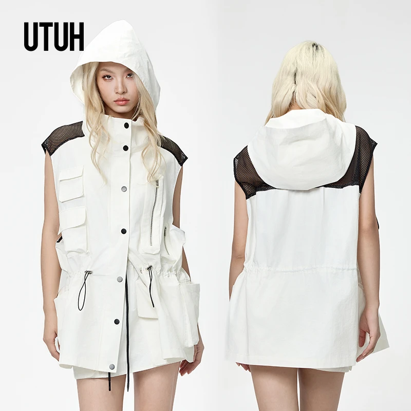 UTUH 白色收腰显瘦休闲拼接立体工装OVERSIZE连帽马甲 TLWWR1W089