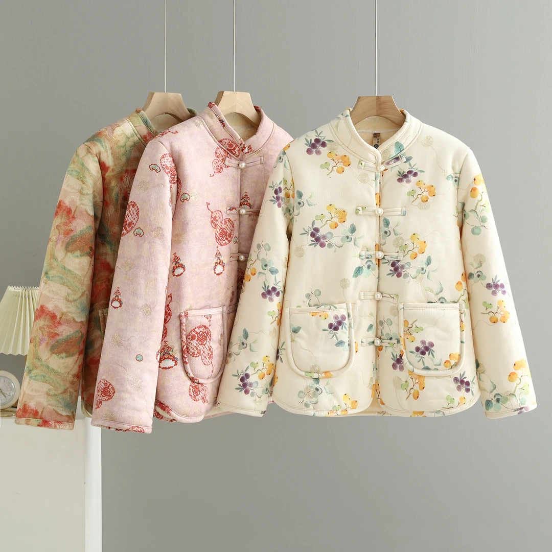 加绒加厚棉衣2025冬季新款保暖时尚新中式国风洋气印花棉服