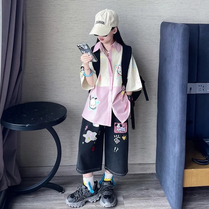 女童2025新款夏季儿童洋气时髦短袖衬衫中大童牛仔七分裤两件套装