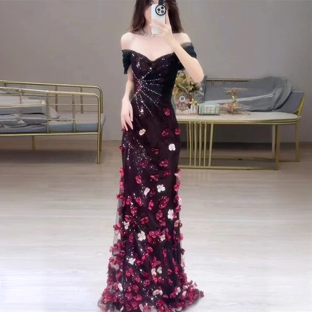 一字肩敬酒服新娘花朵亮片订婚宴会晚礼服鱼尾裙主持人高级感艺考