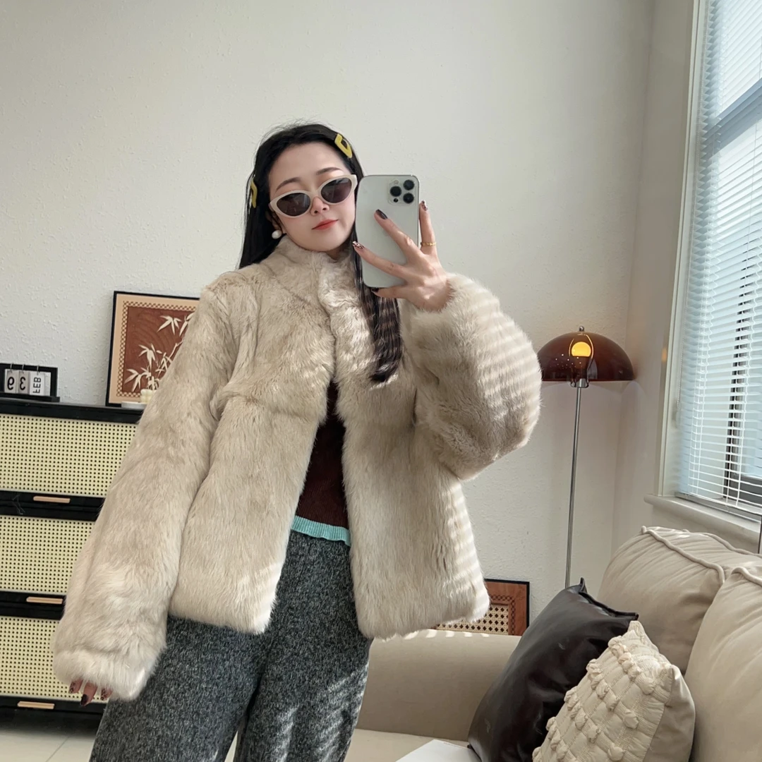 韩系百搭立领灯笼袖兔毛皮草外套女真兔毛整皮毛一体短款冬季新品
