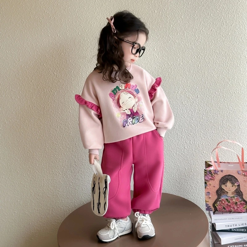 女童花边套装2025新款儿童春秋装韩版洋气女宝宝春季休闲两件套潮