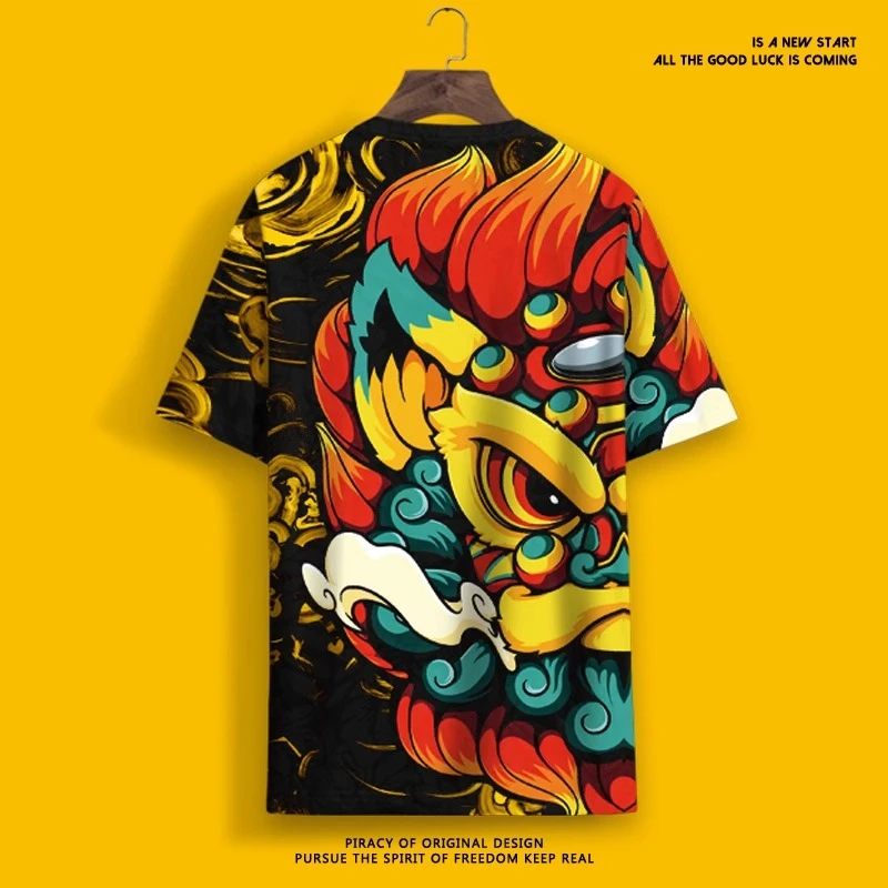 夏季冰丝短袖男国潮醒狮T恤潮流休闲中国风半截袖薄款速干体恤衫