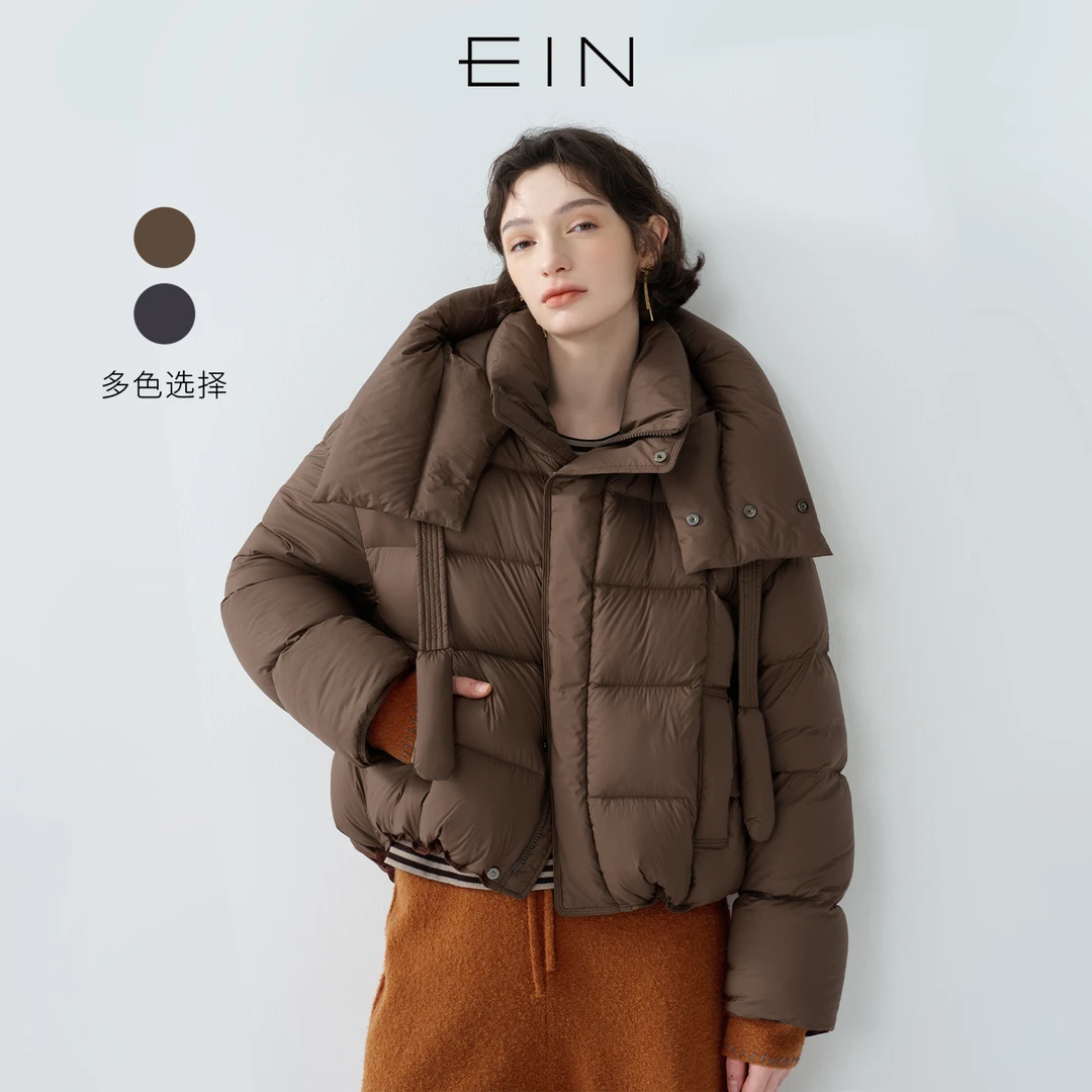EIN/言轻量感90鸭绒连帽双门襟设计文艺短羽绒服2025秋冬新款